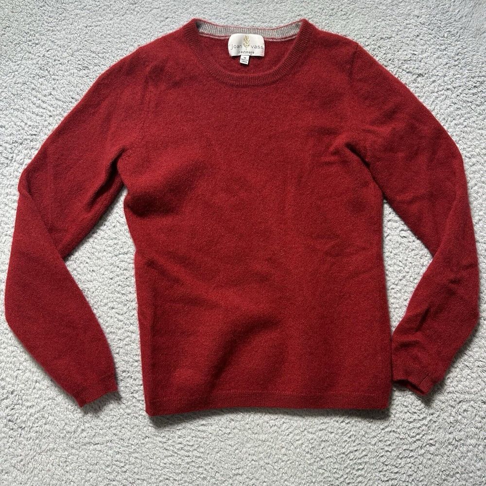 Joan Vass 100% Cashmere Red Crewneck Sweater Size M Medium Preppy Boho Cottage